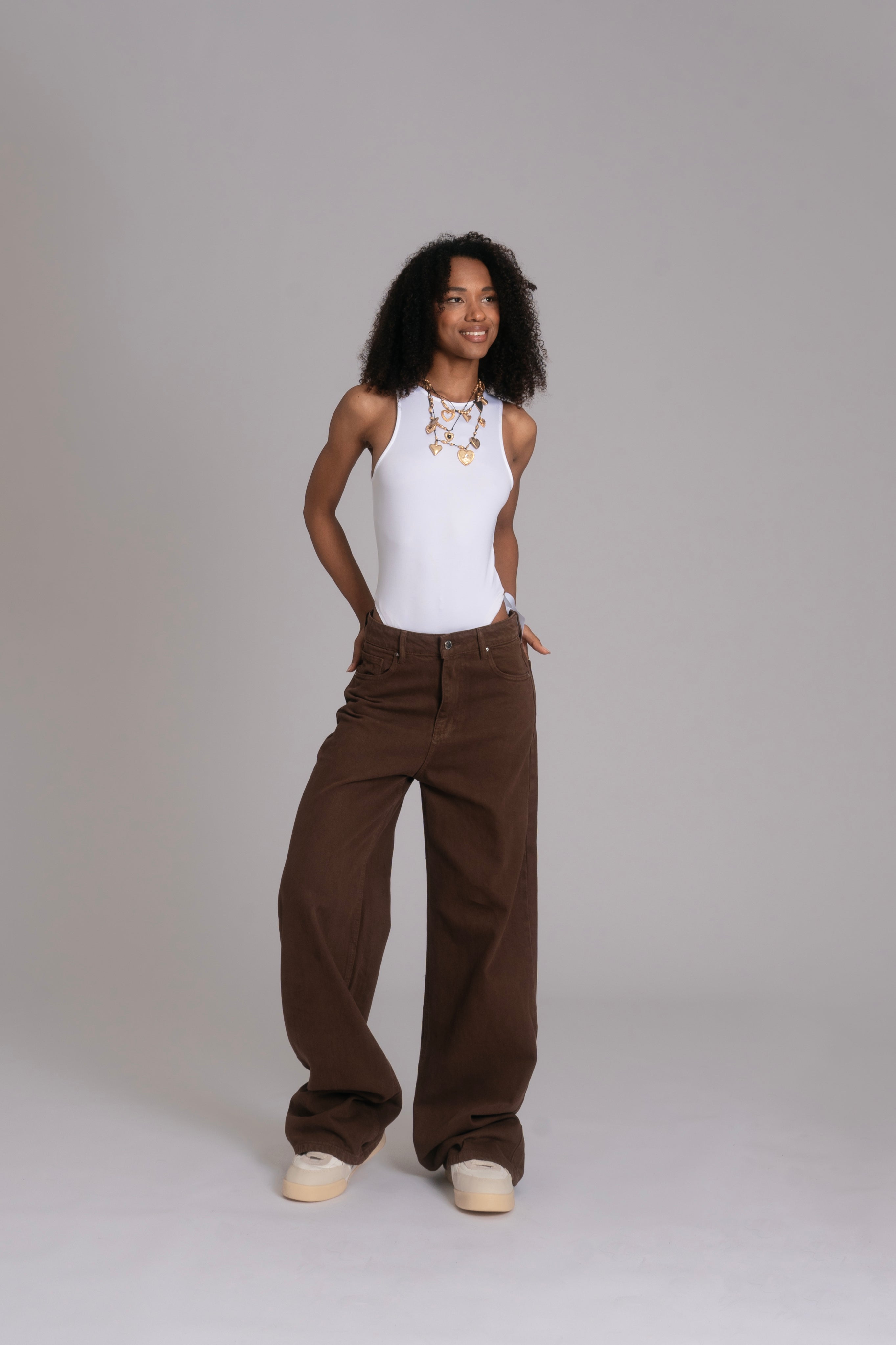 10pz Pantaloni Color Wide Leg BROWN