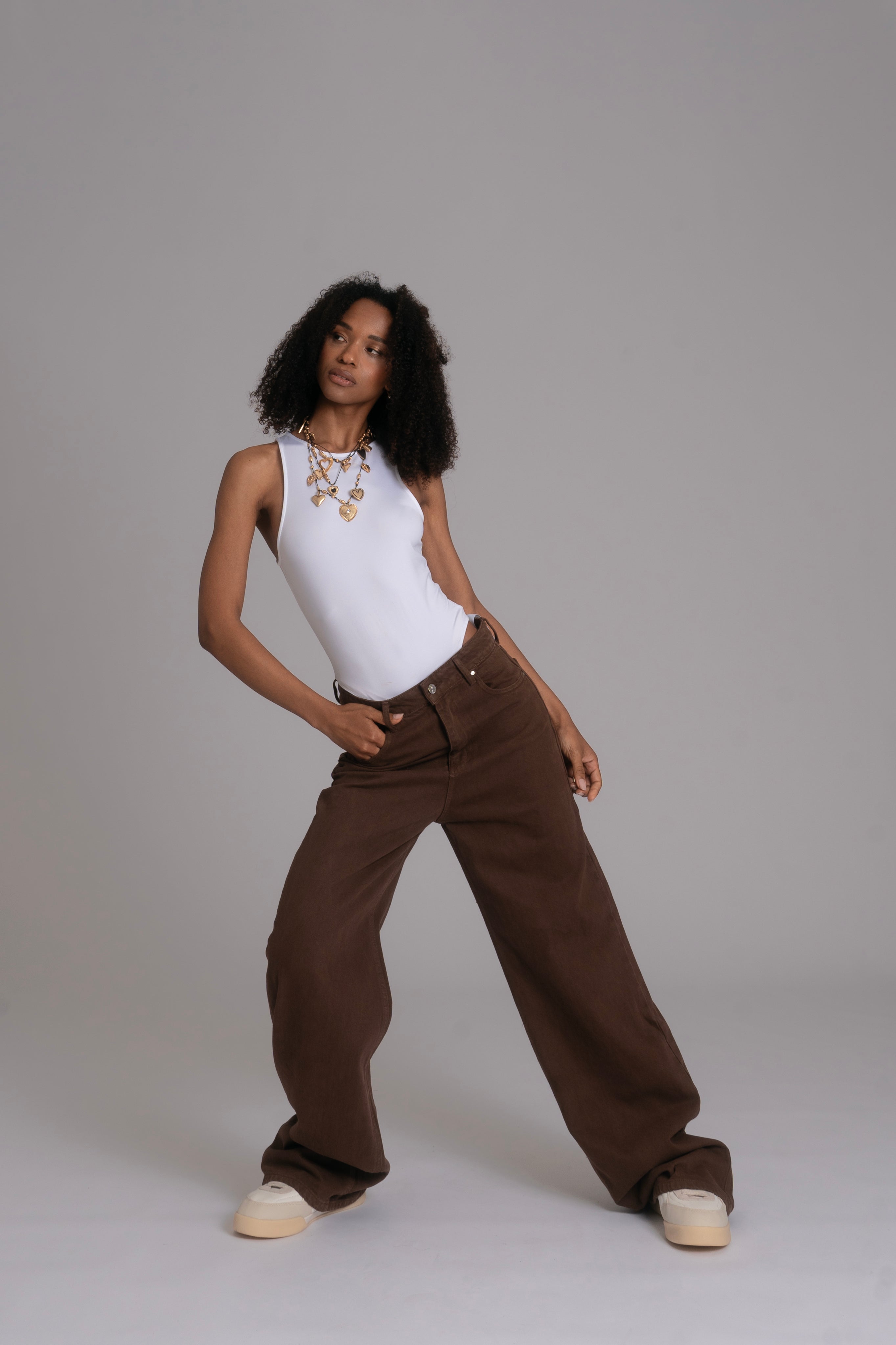 10pz Pantaloni Color Wide Leg BROWN