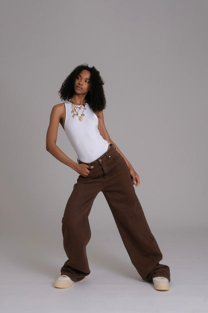 10pz Pantaloni Color Wide Leg BROWN